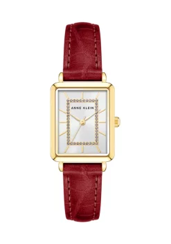 Flash Sale ⭐ Anne Klein Rectangular Gold Tone Metal with Red Genuine Leather Strap ⌚ Watch 🥰 -Deals Anne Klein Store Belk 1003