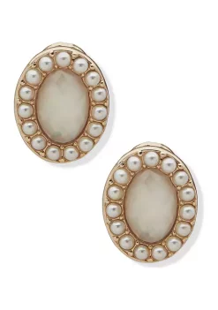 New 🛒 Anne Klein Gold Tone Pearl Oval Button Clip Earrings 🎁
