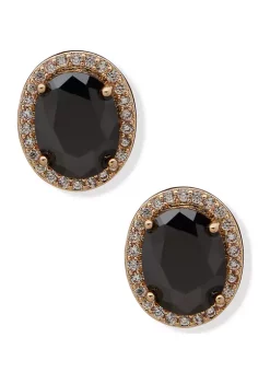 Promo 🧨 Anne Klein Gold-Tone Black Crystal Oval Halo Button Earrings 🛒