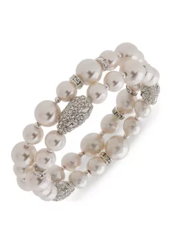 Best Sale 👍 Anne Klein Silver Tone Pink Crystal Pearl Stretch Set Bracelet 😀