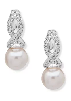 Buy ⌛ Anne Klein Silver Tone Pink Hoop Pearl X Pavé Earrings ⌛