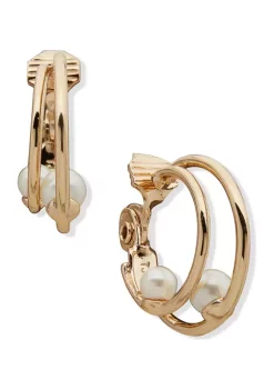 Best Sale 🔥 Anne Klein Gold Tone Pearl Double Hoop Clip Earrings 🔥