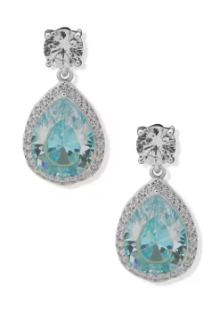 Best Sale 🌟 Anne Klein Silver Tone Aqua Crystal Round Halo Drop Stud Earrings ✨