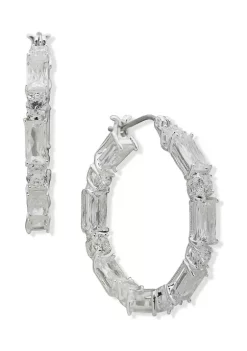 Promo 🥰 Anne Klein Silver Tone Crystal Baguette Click-It Hoop Earrings 😍