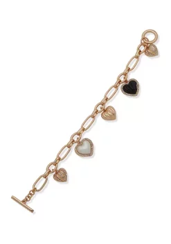 Best Pirce 🔥 Anne Klein Gold Tone Pearl Crystal Heart Charms Bracelet 🛒