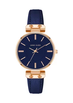 Best Pirce 🔥 Anne Klein Rose Gold Tone Metal with Navy Genuine Leather Strap ⌚ Watch 🛒