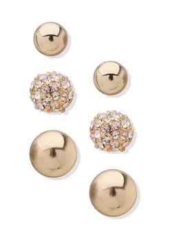 Best deal 🎁 Anne Klein Set of 3 Gold-Tone Crystal Button Earrings ⭐