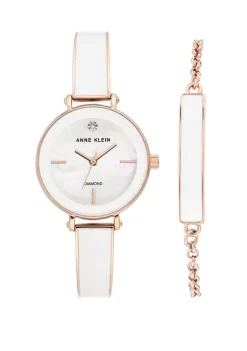 Promo 🎉 Anne Klein Rose Gold Metal White Enamel Diamond Bracelet ⌚ Watch 😉 -Deals Anne Klein Store Belk 1351