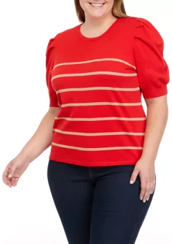 Top 10 ✨ Anne Klein Plus Size Puff Sleeve Crew Neck Striped Top 💯