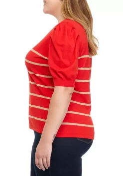 Top 10 ✨ Anne Klein Plus Size Puff Sleeve Crew Neck Striped Top 💯 -Deals Anne Klein Store Belk 1376