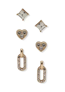 Flash Sale 🥰 Anne Klein Gold Tone Crystal Heart Link Drop Stud Trio Earrings ⭐ -Deals Anne Klein Store Belk 1419