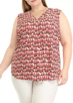Promo 👏 Anne Klein Plus Size Printed Pleat Front Shell 👕 Shirt 🌟
