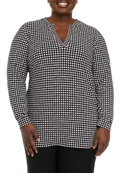 Coupon 👏 Anne Klein Plus Size Pearly Dot Long Sleeve Split Neck Top ⌛ -Deals Anne Klein Store Belk 1556