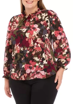 Outlet 🔔 Anne Klein Plus Size 3/4 Sleeve Ruffle Neck Blouse with Keyhole Neckline 🤩