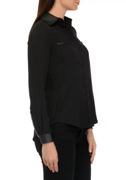 Promo 🎁 Anne Klein 👩 Women's Faux Leather Button Down 👚 Shirt 😉 -Deals Anne Klein Store Belk 294