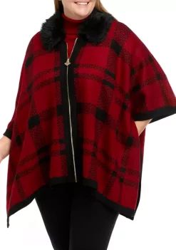 Cheapest ❤️ Anne Klein Plus Size Plaid Zip Front Poncho with Fur 🥰