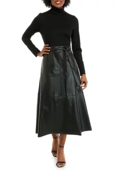 Hot Sale 🎉 AK Anne Klein 👩 Women's Long Sleeve Mock Neck Knit Top Faux Leather Combo Fit and Flare 👗 Dress 🔔 -Deals Anne Klein Store Belk 360