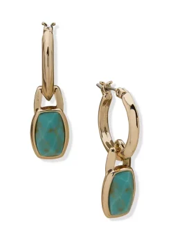 Budget ⭐ Anne Klein Gold Tone Turquoise Cushion Stone Drop Hoop Earrings ⌛
