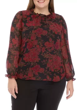 Deals 😀 Anne Klein Plus Size 3/4 Sleeve Ruffle Neck Blouse with Keyhole Neckline ⌛