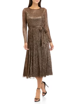Hot Sale 🥰 Anne Klein 👩 Women's Long Sleeve Lurex Bias Stripe Velvet Midi 👗 Dress 😀