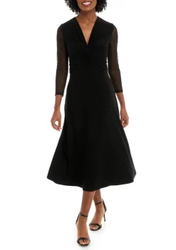 Deals 👏 Anne Klein 👩 Women's 3/4 Sleeve Knot Front 👗 Dress With Mesh Sleeves 🧨