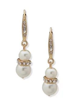 New 👏 Anne Klein Gold Tone Crystal Blanc Pearl Snowman Double Drop Earrings 😀