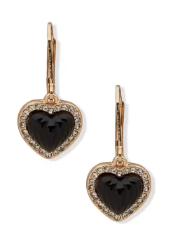 Outlet 🎉 Anne Klein Gold-Tone Black Crystal Heart Lever Back Drop Earrings ❤️