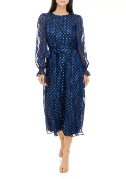 Best Pirce 🧨 Anne Klein 👩 Women's Long Puff Sleeve Tie Waist Navy Foil 👗 Dress 😍