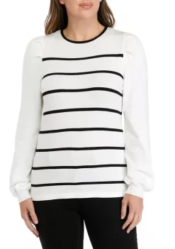 Deals 🔥 Anne Klein 👩 Women's Puff Sleeve Crew Neck Striped Sweater 🎁 -Deals Anne Klein Store Belk 694