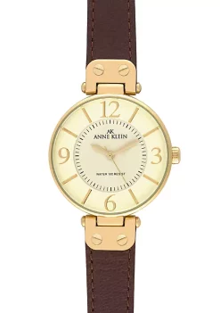 Promo 🎁 Anne Klein Gold Round Bezel ⌚ Watch with Brown Leather Strap ⭐