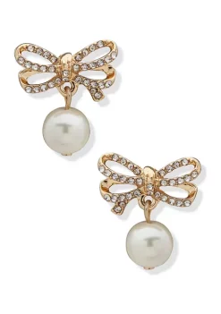 Best Sale ⭐ Anne Klein Gold Tone Blanc Pearl Crystal Bow Stud Earrings ✨