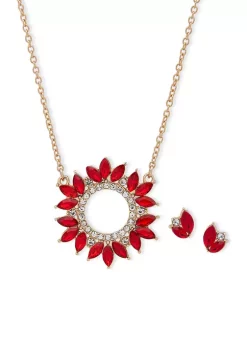 Best Sale 🔥 Anne Klein Gold Tone Red Crystal Cluster Pendant Necklace and Earrings Set 🧨