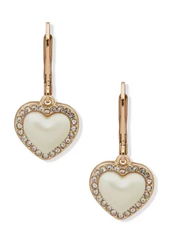 Promo ⌛ Anne Klein Gold-Tone Pearl Crystal Heart Lever Back Drop Earrings 🛒