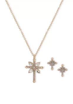 Discount 🎉 Anne Klein Gold Tone Crystal Cross Pendant Necklace and Earrings Set 🥰 -Deals Anne Klein Store Belk 903